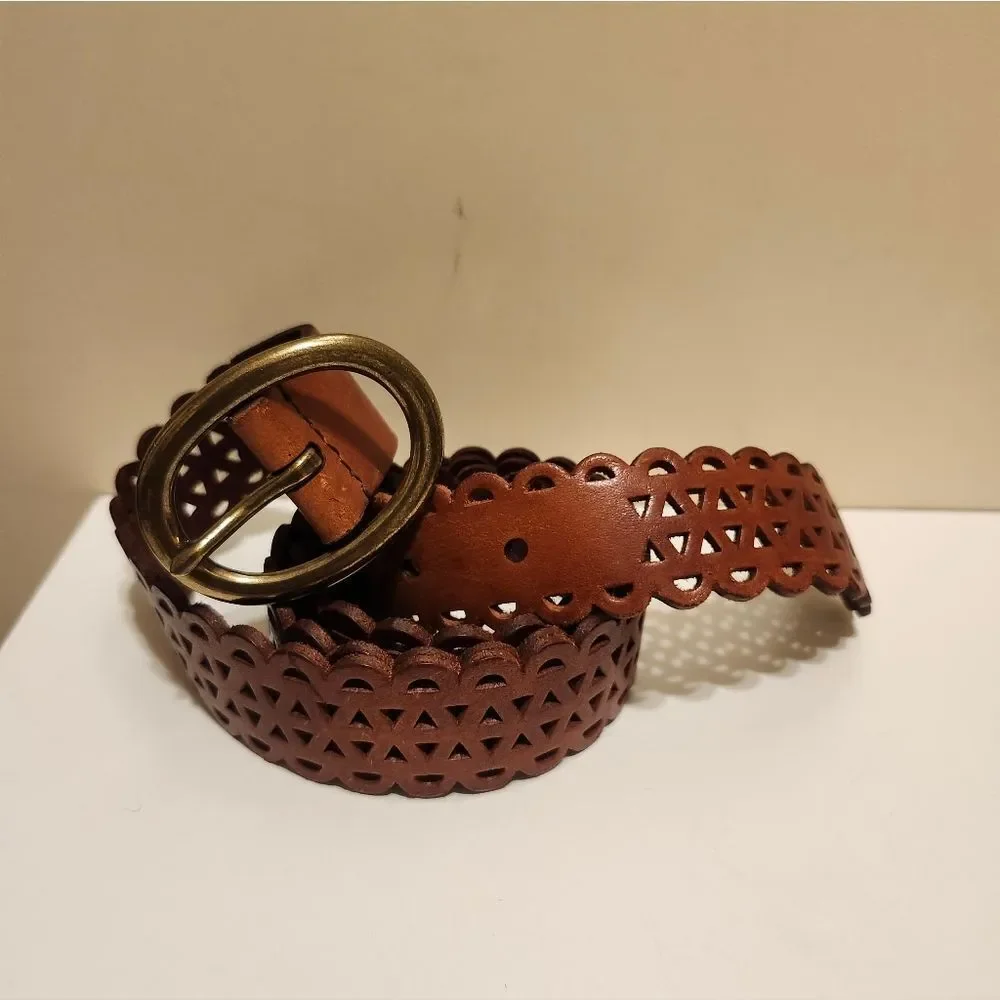 New Lucky Brand Brown Leather Open-weave Belt Sz.S (Adjustable to 38